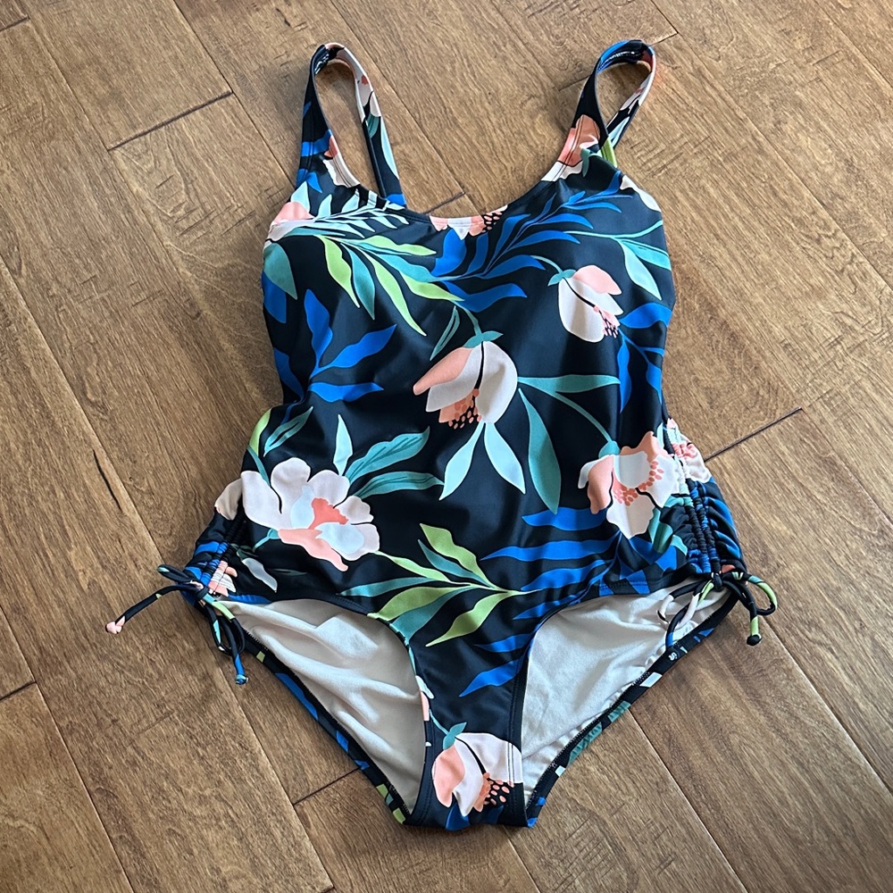 Kona Sol Navy and Pink Floral One-Piece Swimsuit